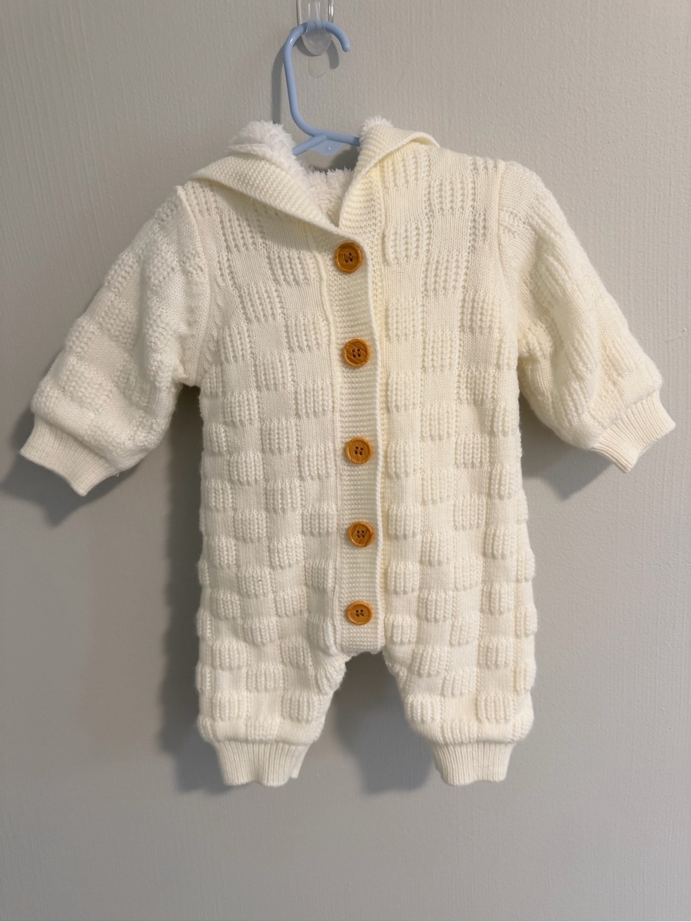Amazon White Hooded Knit Baby One-Piece with Wood Buttons